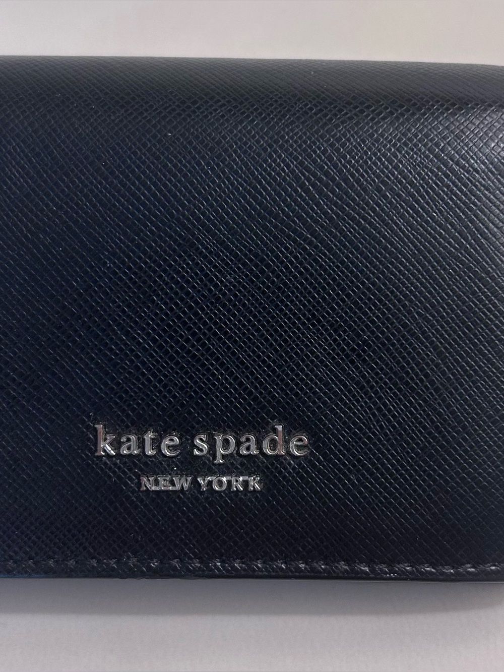 Kate Spade NEW Black Saffiano Leather key ring  Bi-Fold Wallet with Silver Logo